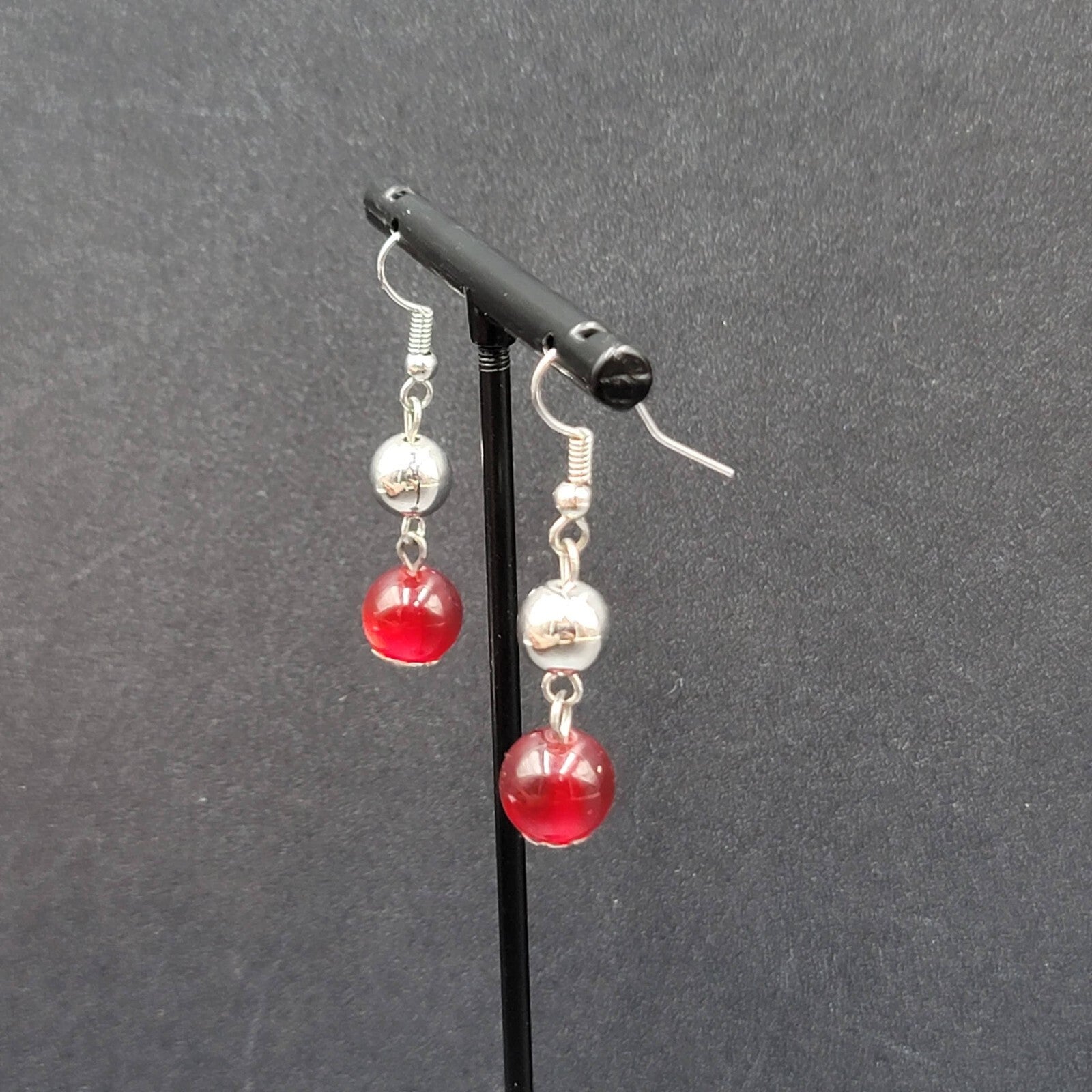 Pierced Earrings Silver tone Bead Red Moonglow Bead Dangle 1"