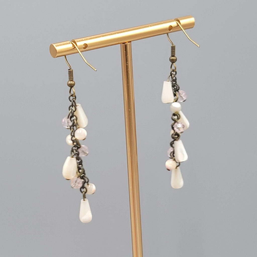 Mother of Pearl Beads Pierced Earrings Bronze tone Dangle 2 in