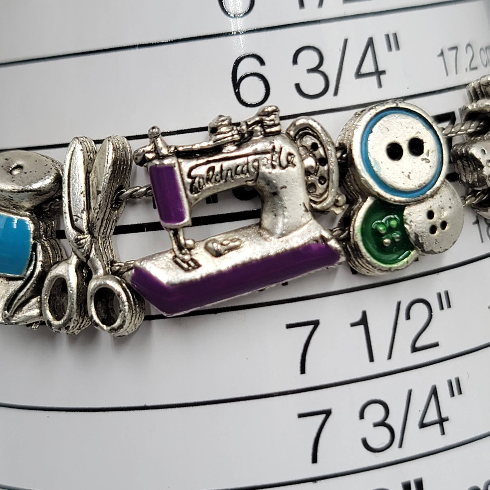 Slide Charm Bracelet Sewing Theme Silver tone Enamel 