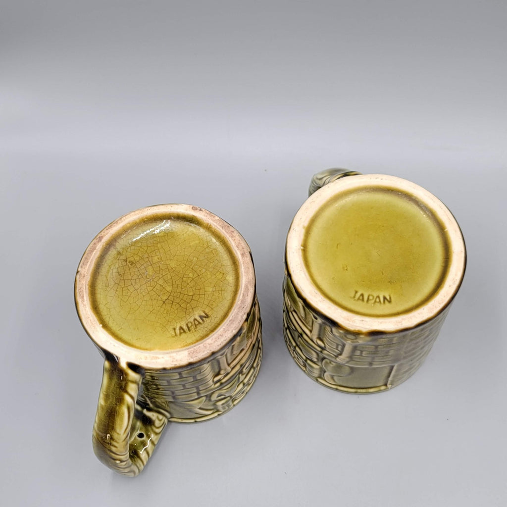 Vintage Japan Coffee Mug Cup Set of 2 Green Glaze MCM