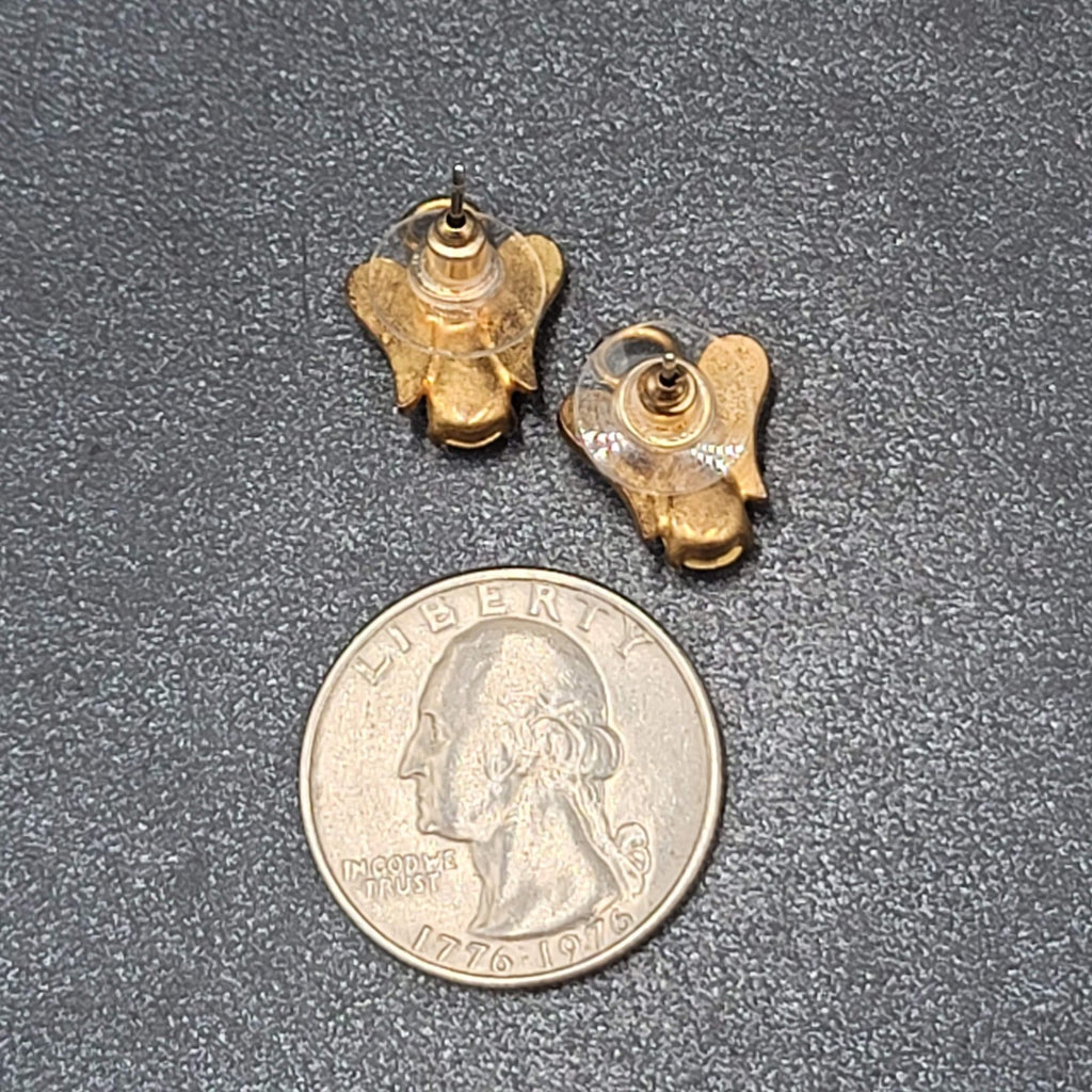 Vintage Pierced Earrings Gold tone Open Angel Blue Crystal Studs 5/8"