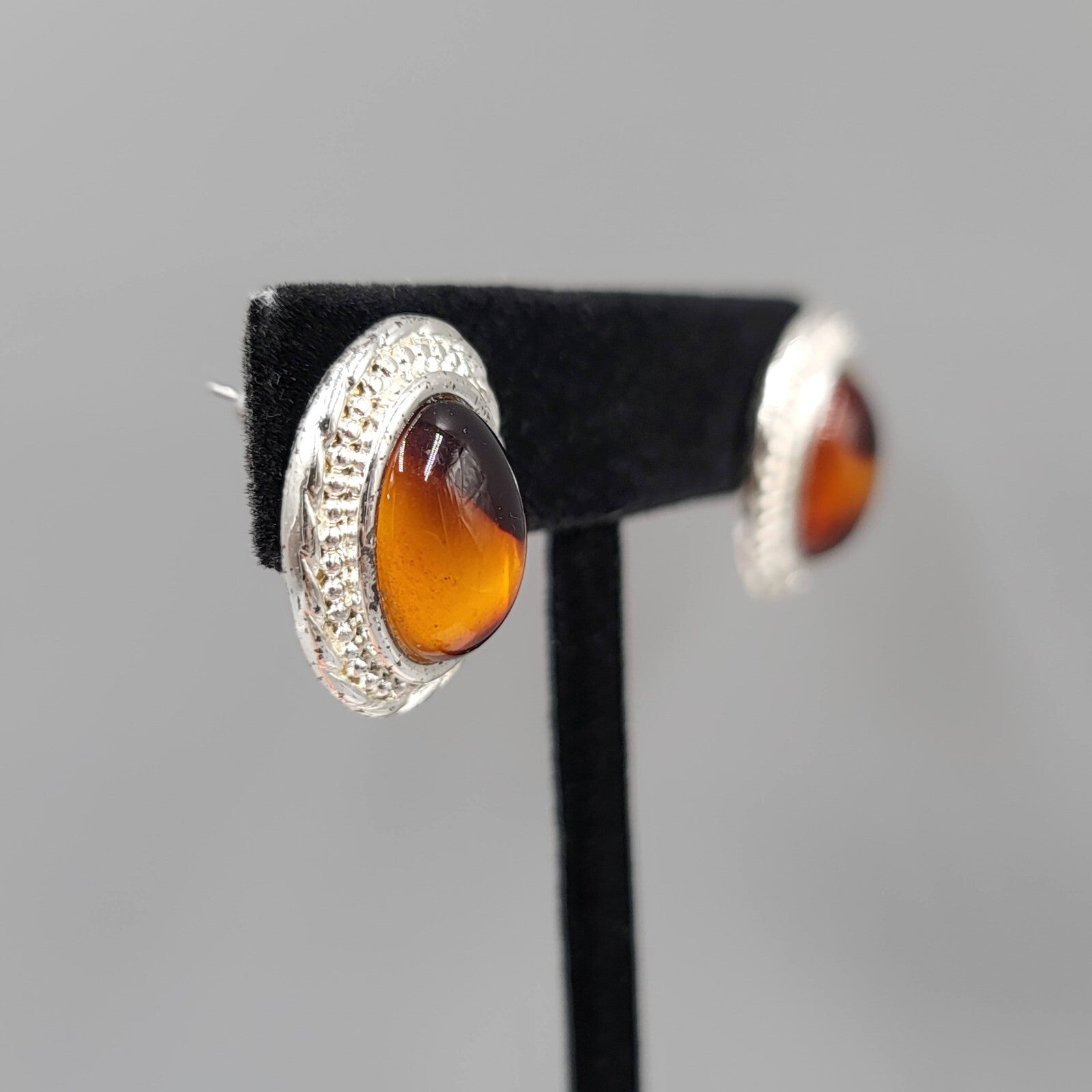 Pierced Earrings Silver tone Acrylic Faux Tortoise Cabochon Oval Drop 3/4"