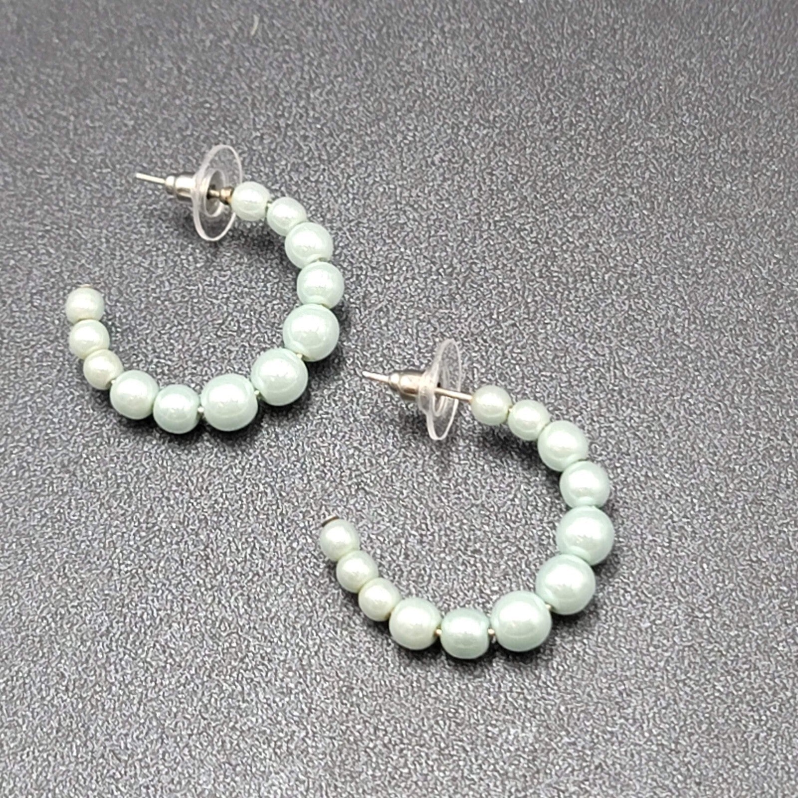 Vintage Pierced Earrings Baby Blue Graduated Beaded Hoops 1"