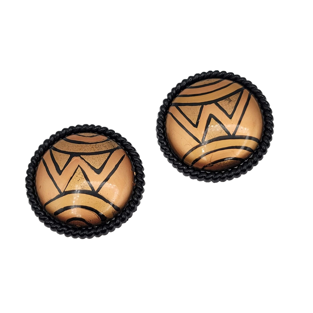 Vintage Clip on Earrings Round Hand Painted Black Gold tone Statement 1.5 in