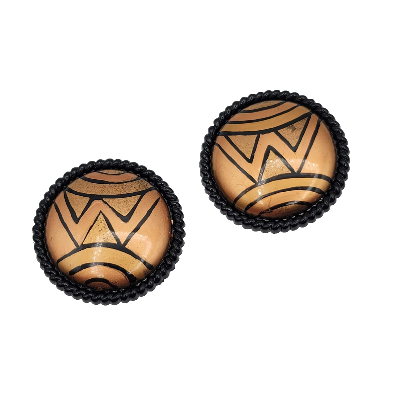 Vintage Clip on Earrings Round Hand Painted Black Gold tone Statement 1.5 in