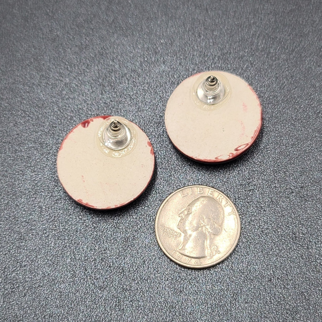 Vintage Pierced Earrings Red Hand Painted Round Pottery Drop  1"