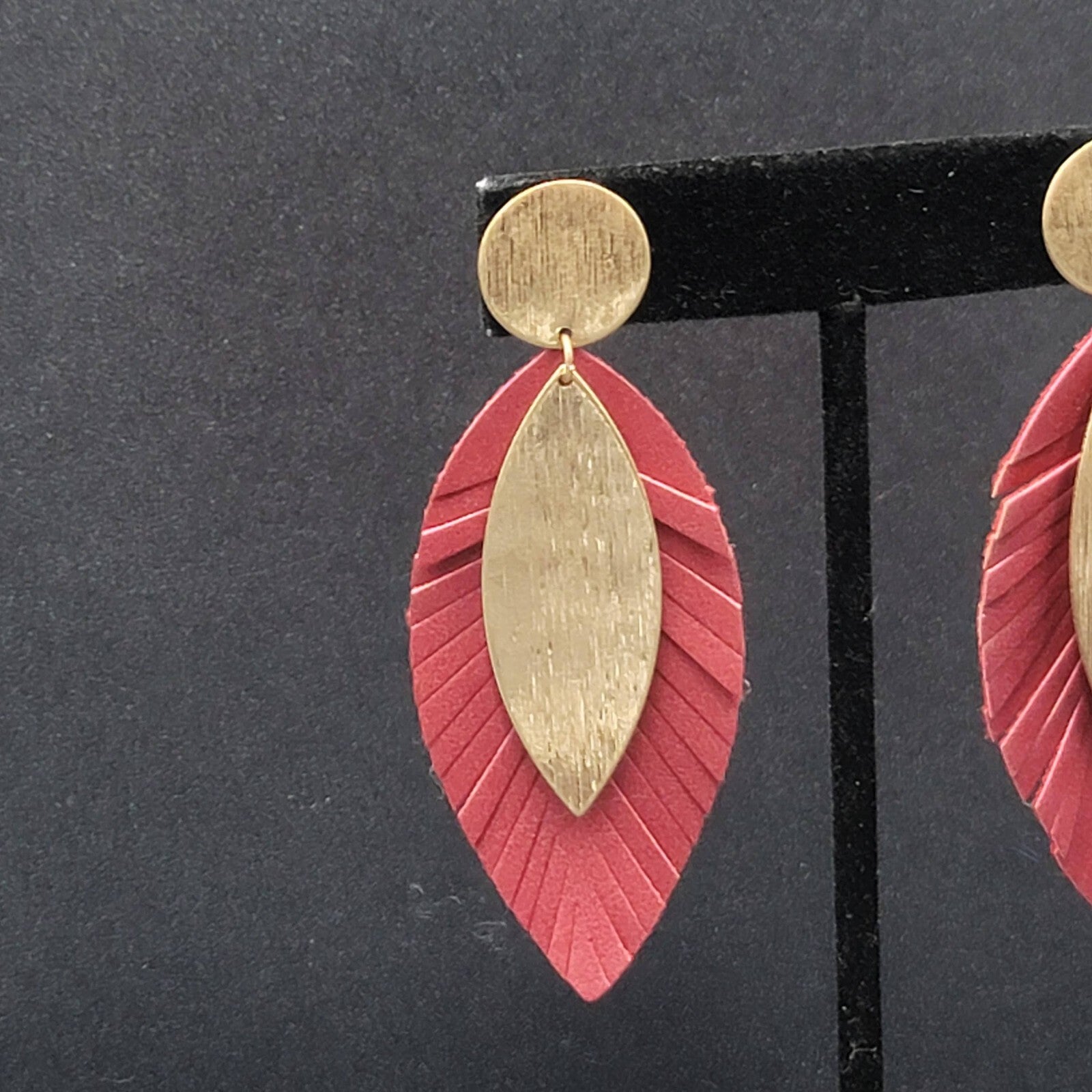 Pierced Earrings Gold tone Large Statement Red Fringe Dangle 2 7/8"