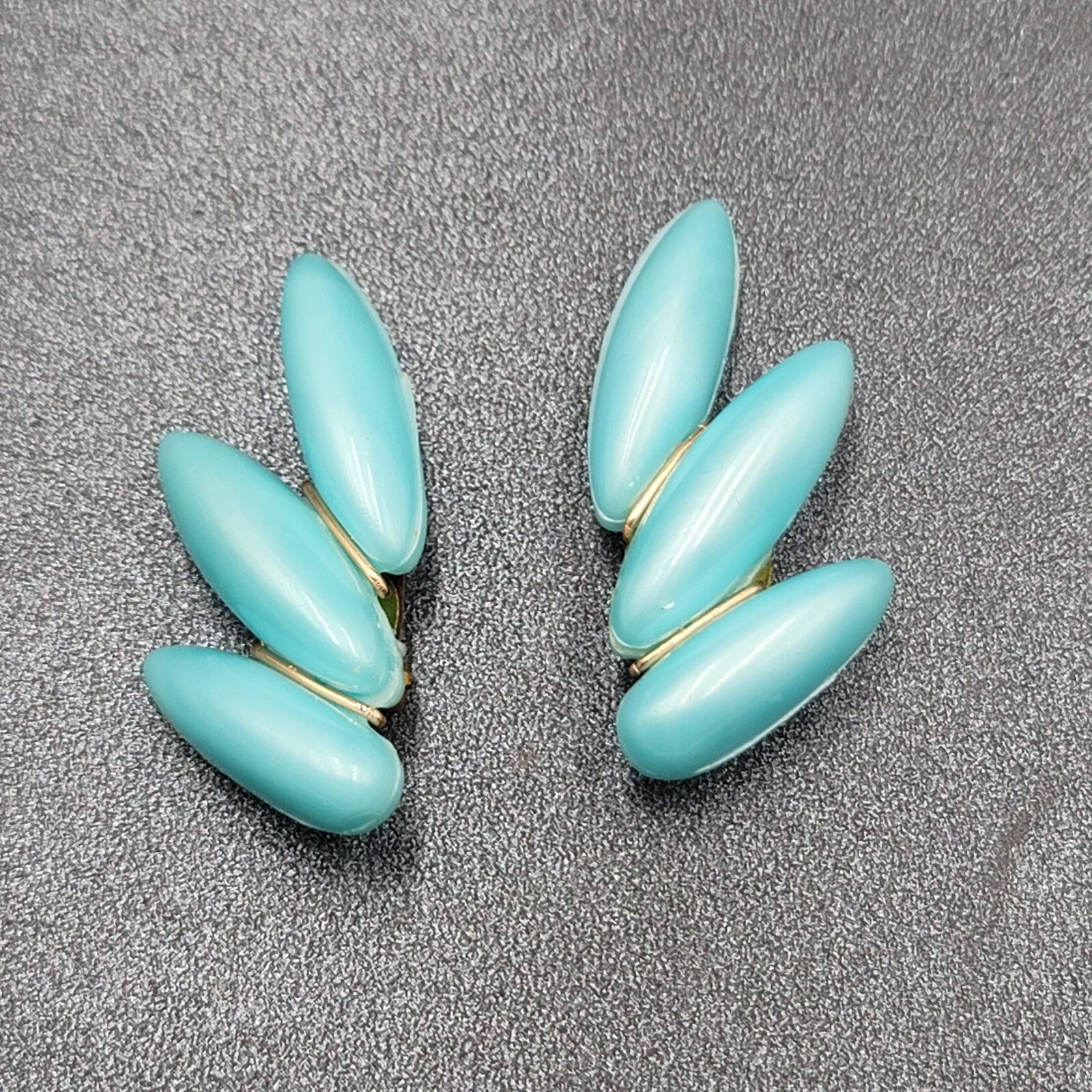 Vintage Clip on Earrings Lightweight Plastic Blue Climber W Germany 1 7/8"