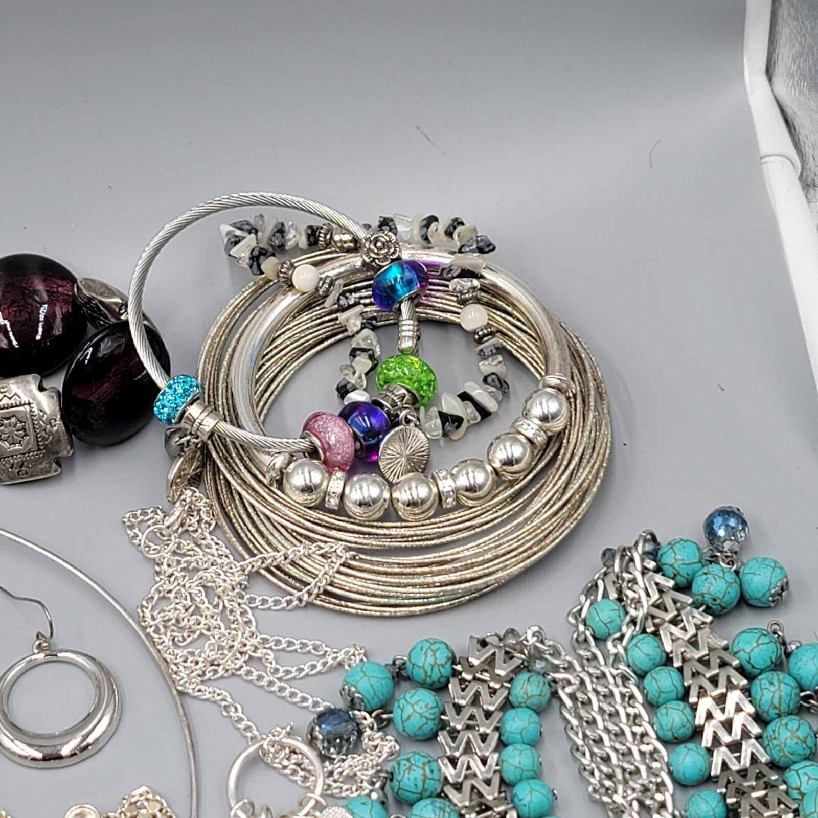 Silver tone Fashion Jewelry Lot of 39 Necklace Bracelets Earrings All Wearable