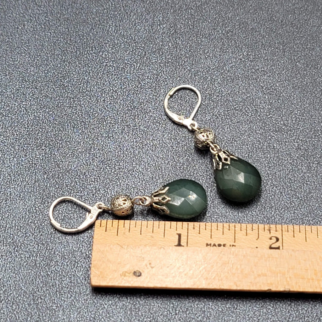 Pierced Earrings Lightweight Green Teardrop Bead Silver tone Dangle 1.25"