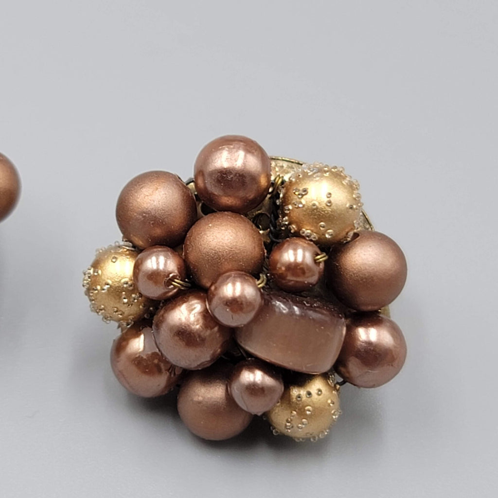 Vintage Japan Clip on Earrings Brown Cluster Bead Gold tone 7/8"