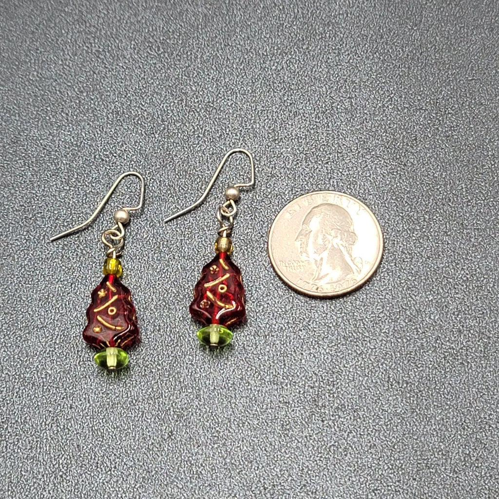 Pierced Earrings Silver tone Red Glass Bead Christmas Tree Dangle 1"