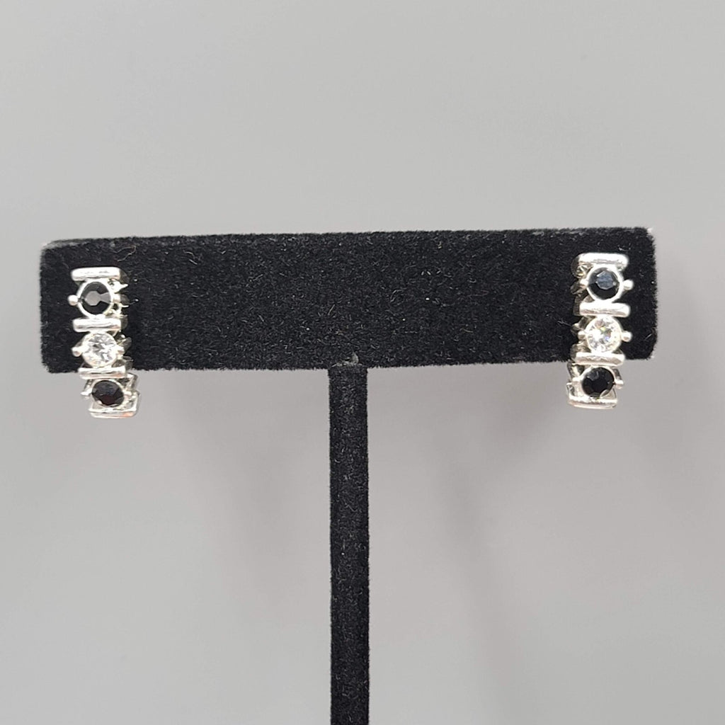Pierced Earrings Silver tone Black Clear Crystal Drop Minimalist 5/8" 