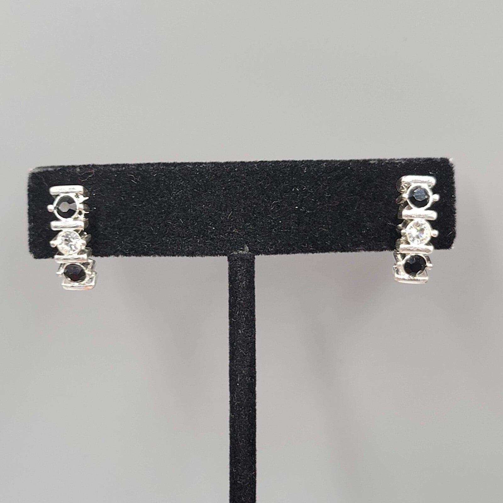 Pierced Earrings Silver tone Black Clear Crystal Drop Minimalist 5/8" 