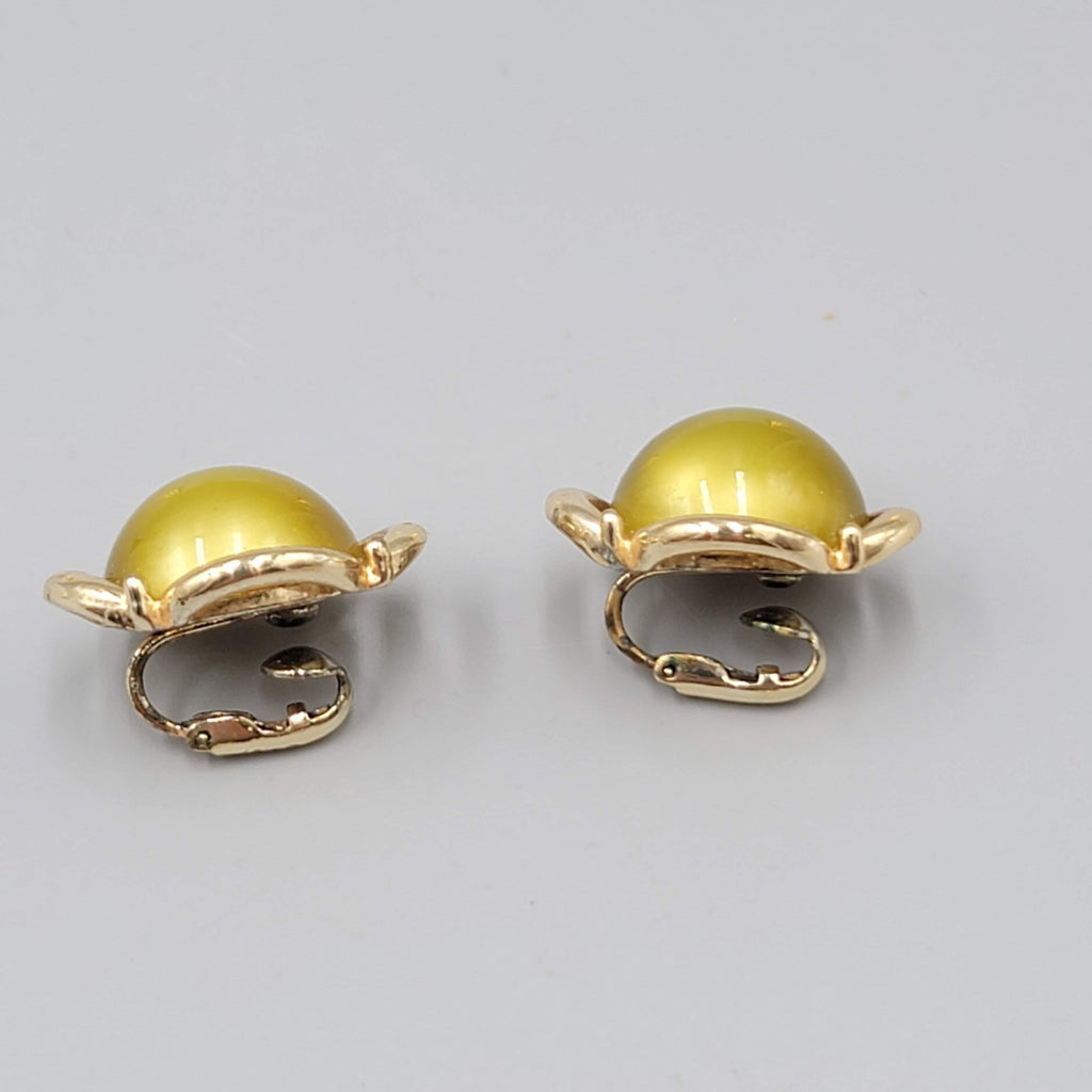 Vintage Olive Green Moon Glow Clip on Earrings Lucite Dome Gold tone 1 in