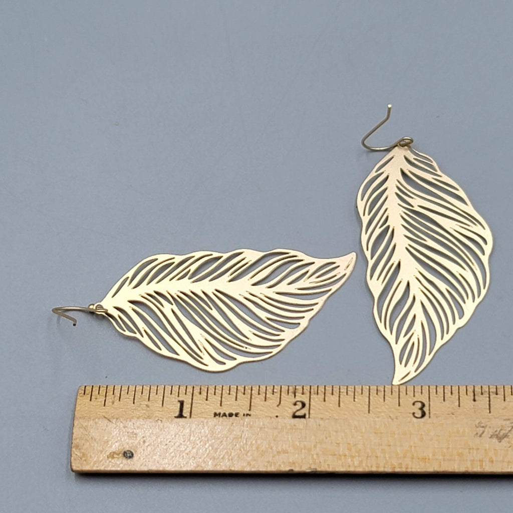 Skeleton Leaf Pierced Earrings Matte Gold tone Large Dangle Statement 2 3/8"