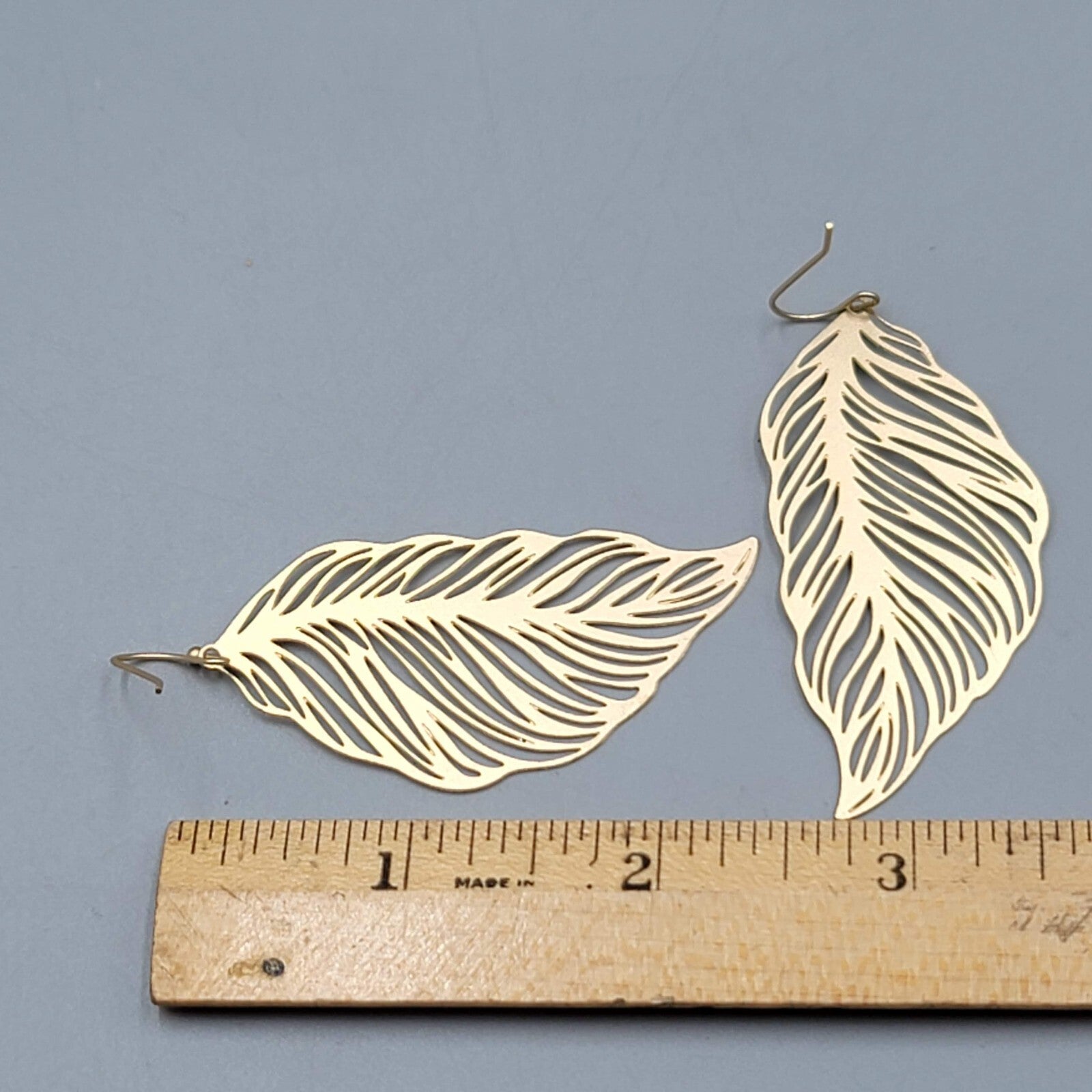 Skeleton Leaf Pierced Earrings Matte Gold tone Large Dangle Statement 2 3/8"
