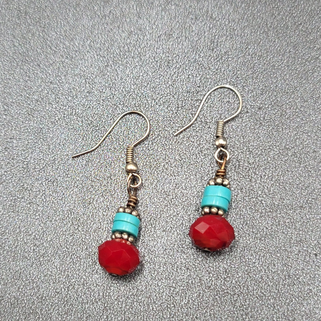 Pierced Earrings Silver tone Red Stone Turquoise Stone Beads Dangle  7/8"