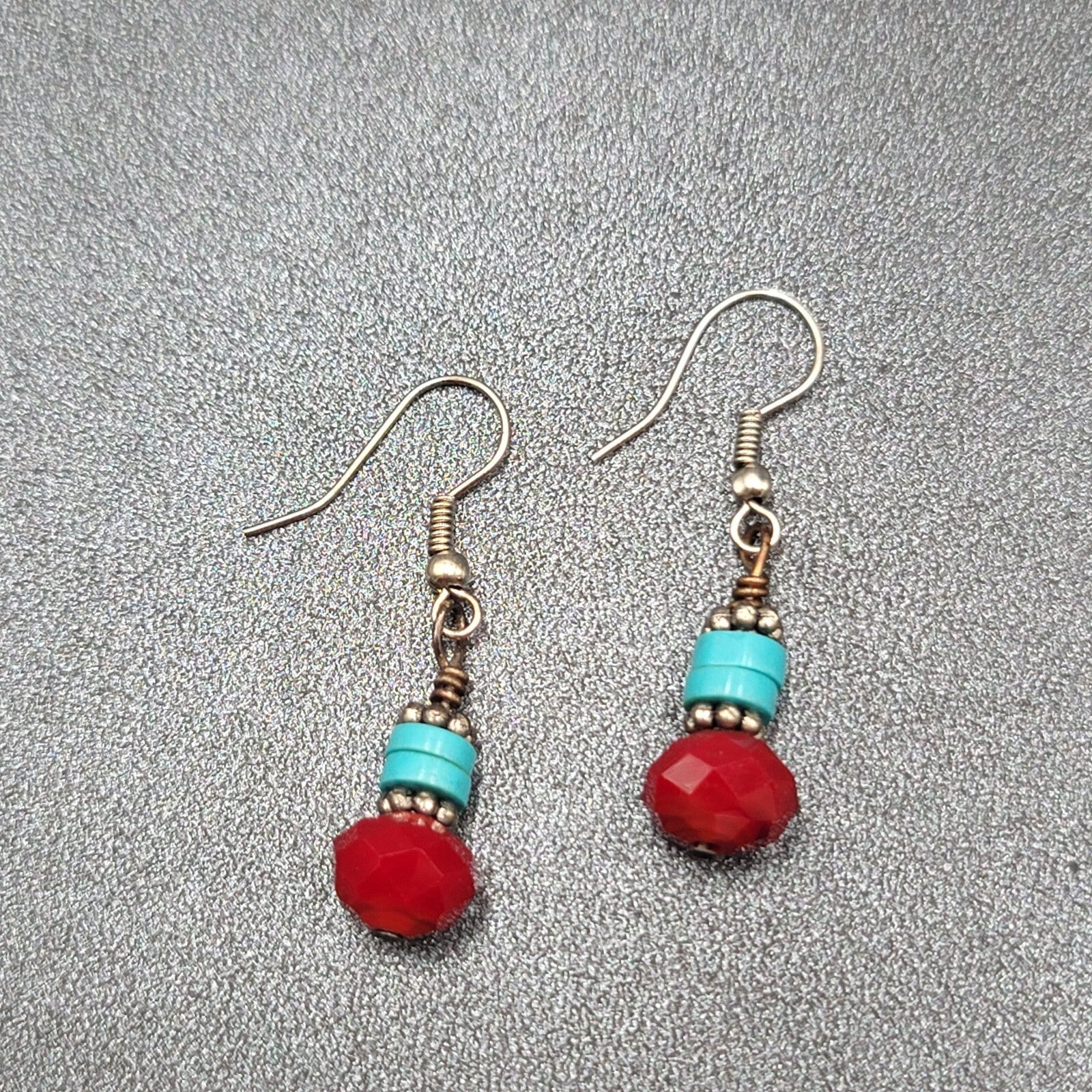 Pierced Earrings Silver tone Red Stone Turquoise Stone Beads Dangle  7/8"