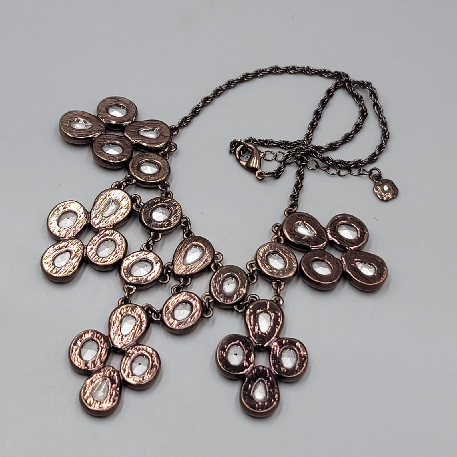 Lovely Apricot Crystal Bib Necklace Bronze tone 16"-18" EUC
