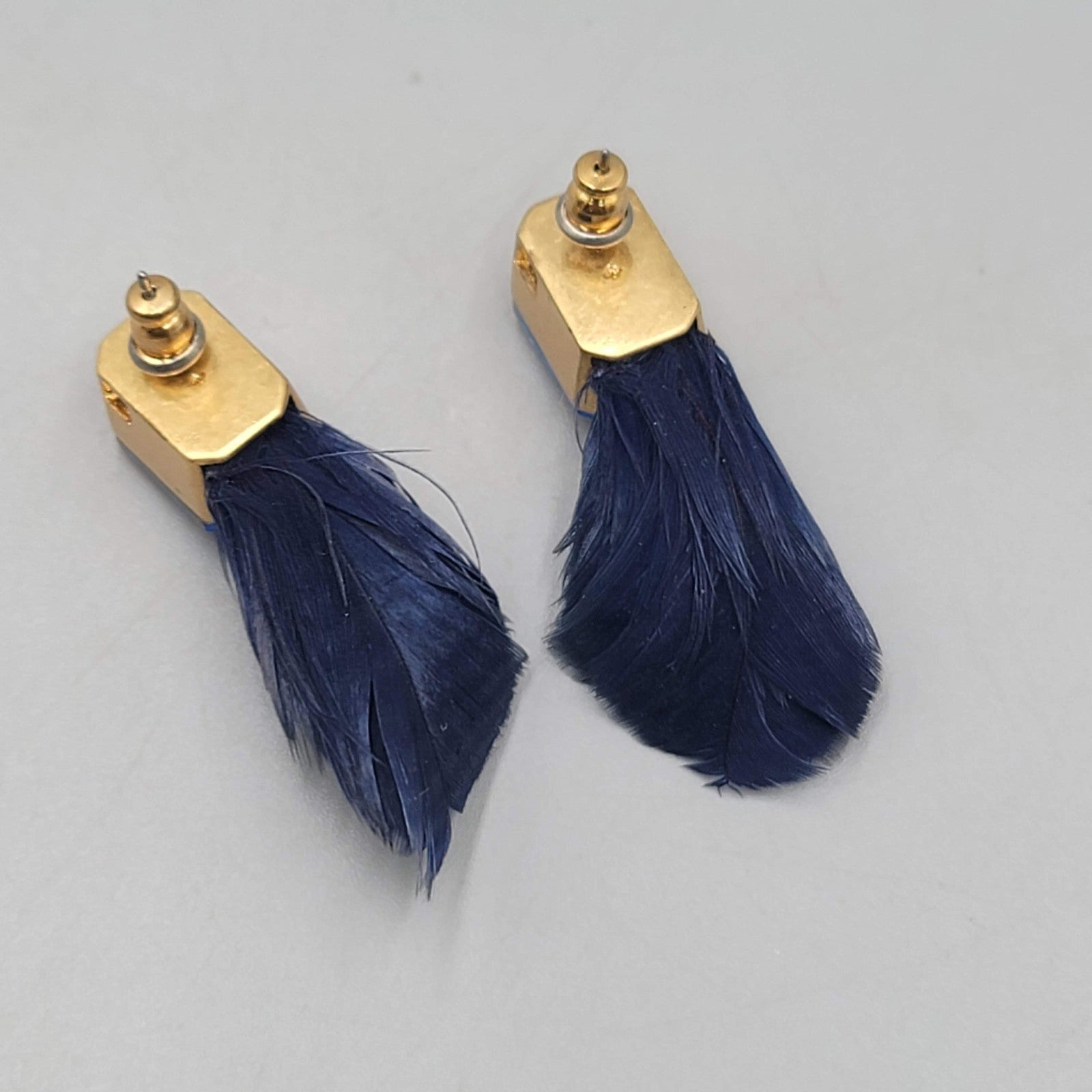 Real Feather Dark Blue Rhinestone Pierced Earrings Drop 1.5 in
