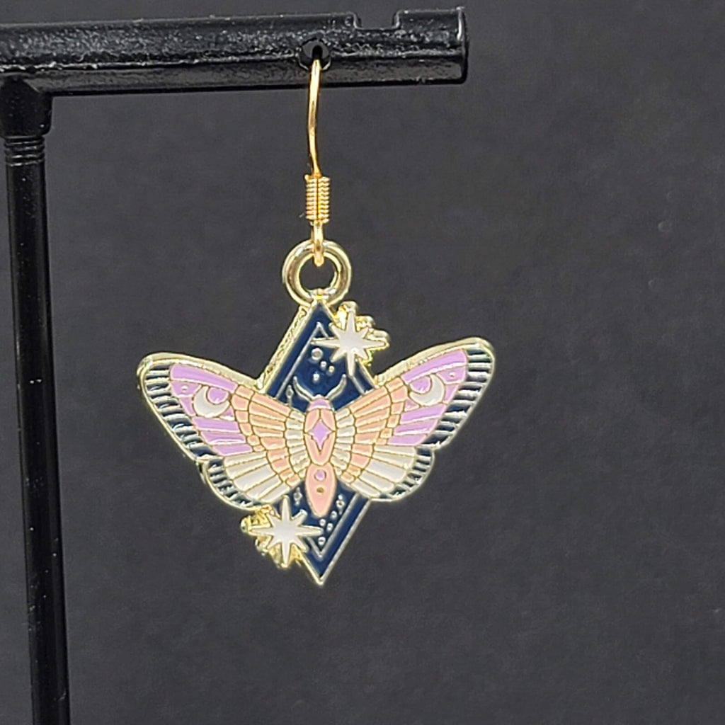 Purple Moon Moth Enamel Pierced Earrings Gold tone Dangle Butterfly 7/8"