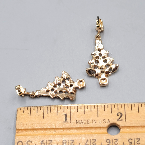 Christmas Tree Pierced Earrings Gold tone Dangle 1.25 in