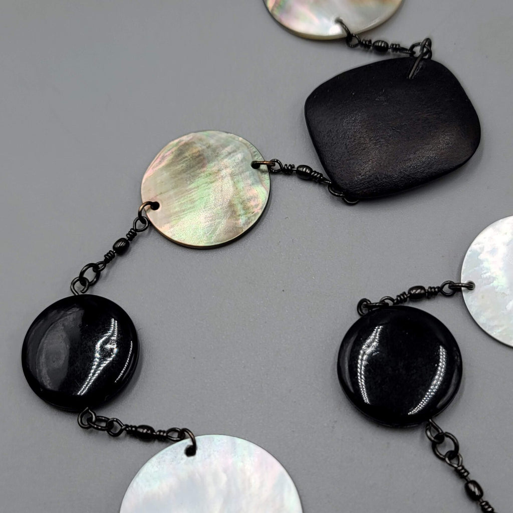 Cookie Lee Black Wood Shell Station Necklace Statement Long 30"+