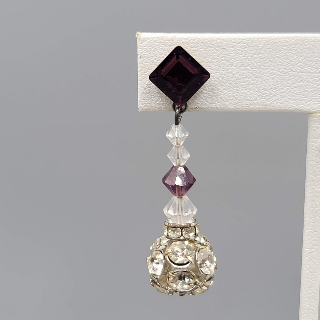 Vintage Purple Rhinestone Pierced Earrings Silver tone Bead Dangle  1.75"