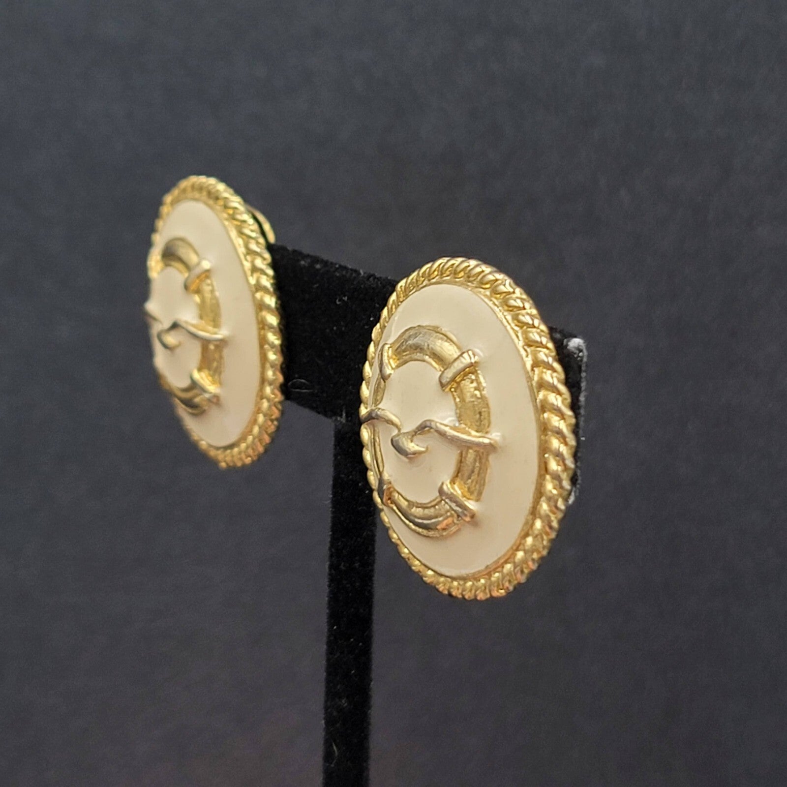 Vintage Clip on Earrings Gold Plated White Enamel Seagull Nautical Round 1 1/8"