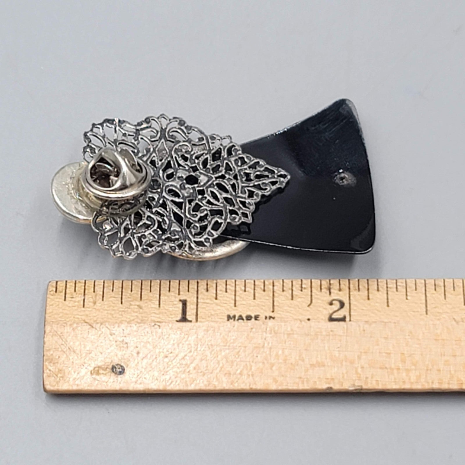 Vintage Angel Brooch Silver tone and Black Metal 2 1/8"