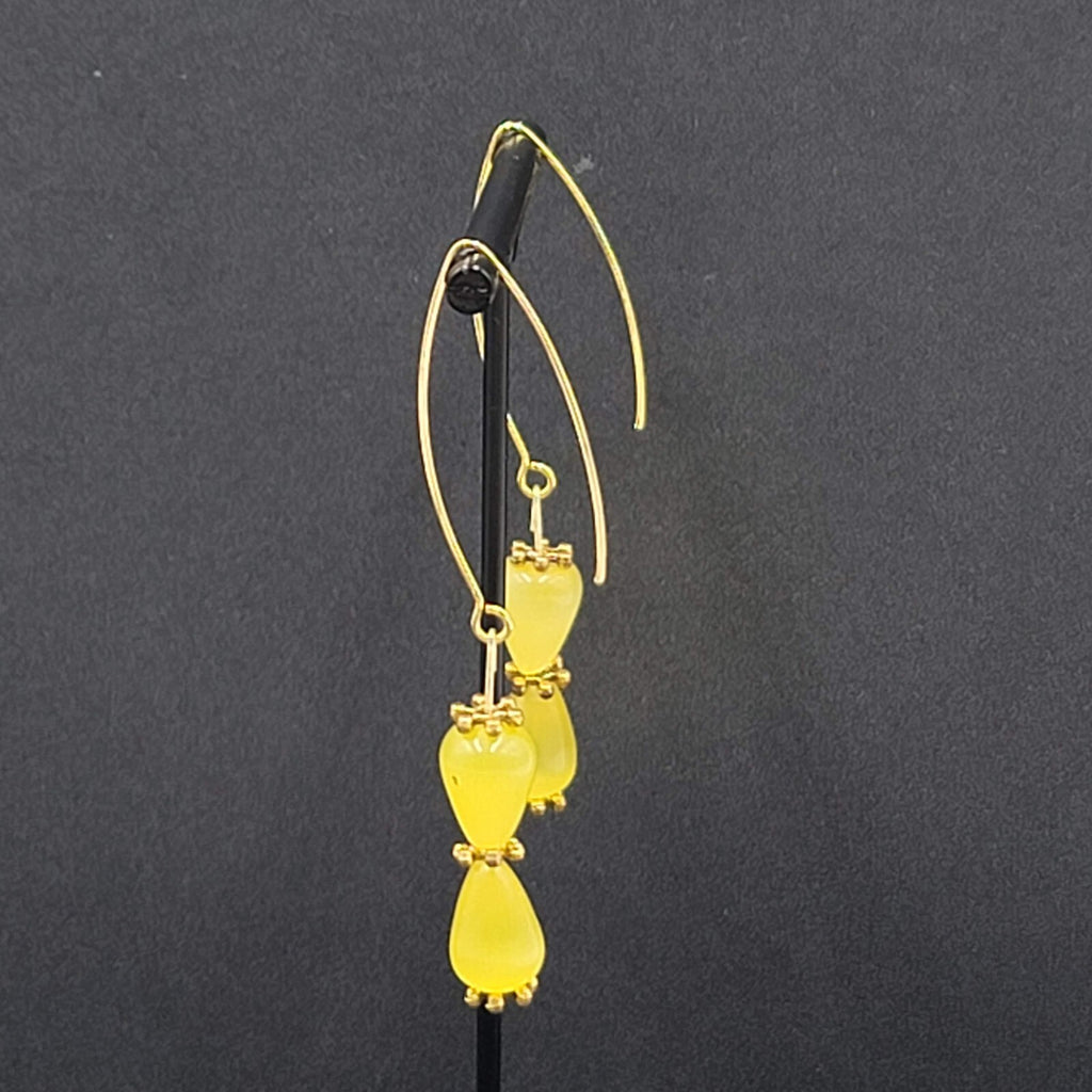 Pierced Earrings Gold tone Yellow Cats Eye Stone Beads Dangle 1.5"