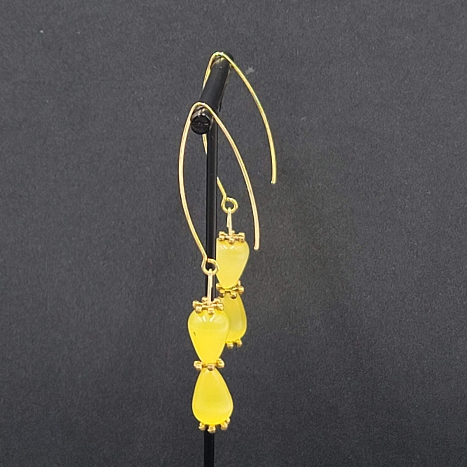 Pierced Earrings Gold tone Yellow Cats Eye Stone Beads Dangle 1.5"