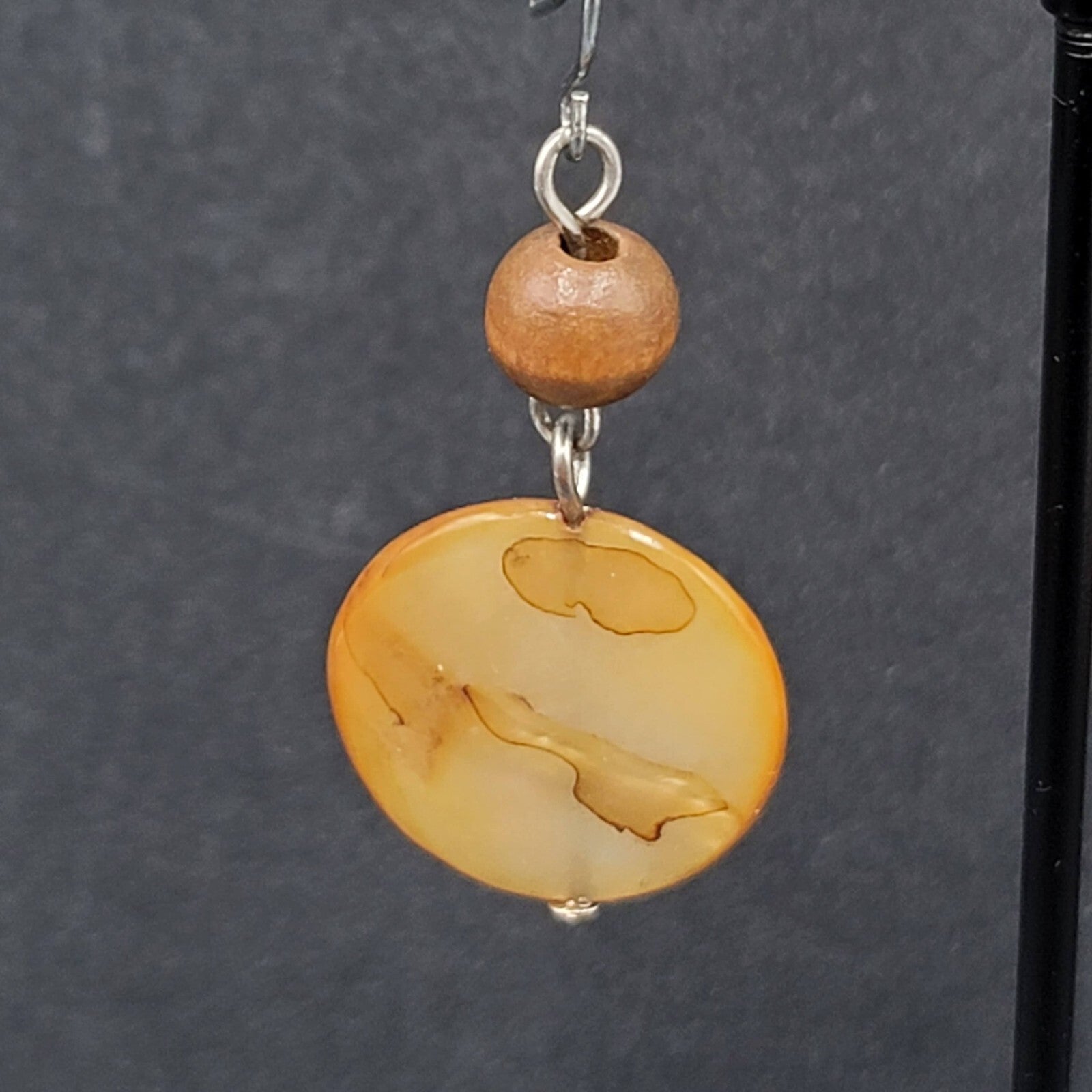 Pierced Earrings Silver tone Wood Bead Brown Round Shell Dangle 1.5"