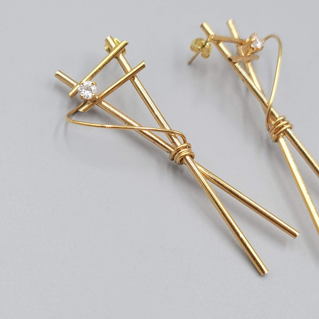 Vintage Pierced Earrings Gold tone Drop CZ Stone Unique 2 3/8"