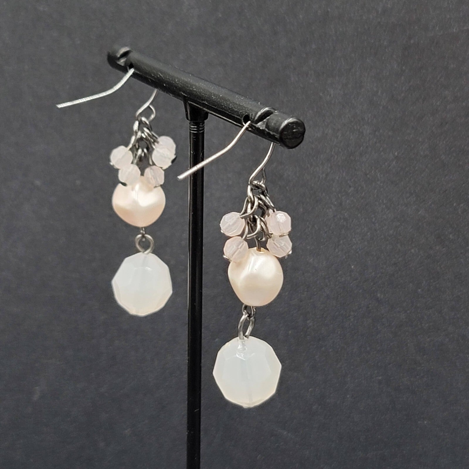 Pierced Earrings Black Metal Pale Pink Beads Dangle 1.5"