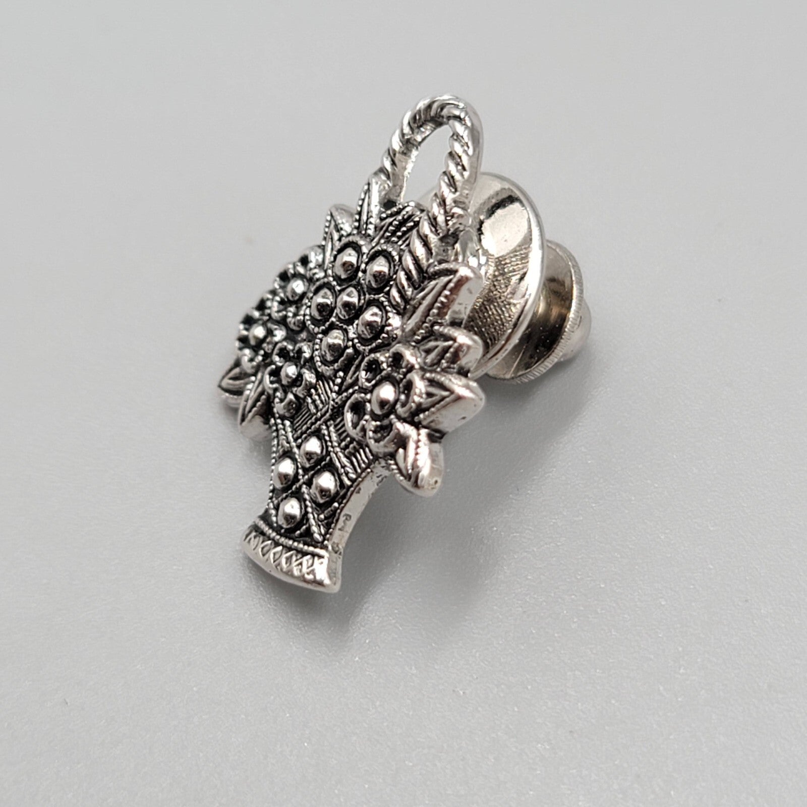 Vintage Avon Silver tone Faux Marcasite Flower Basket Lapel Pin 7/8"
