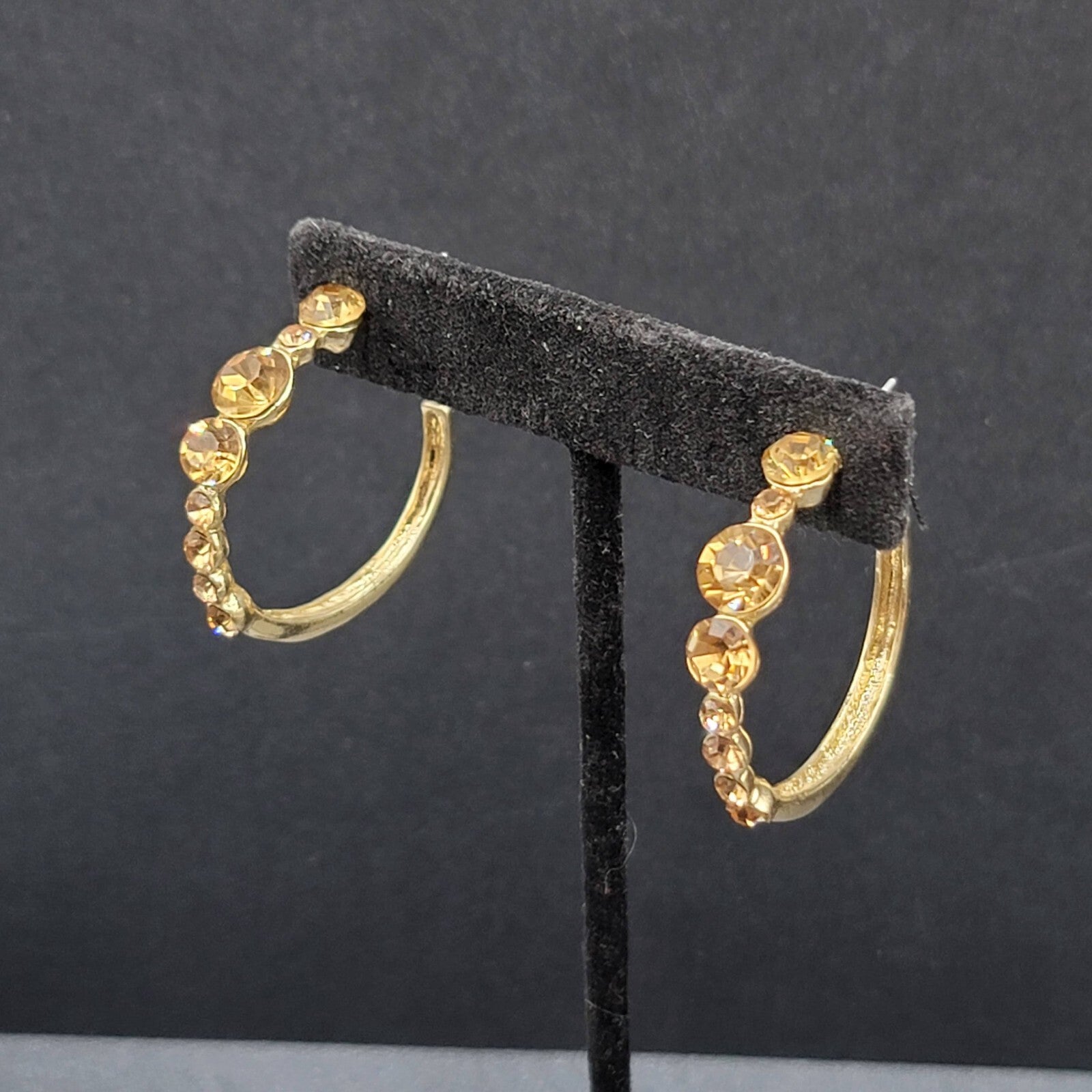 Pierced Earrings Gold tone Yellow Rhinestone Hoops 1.25"