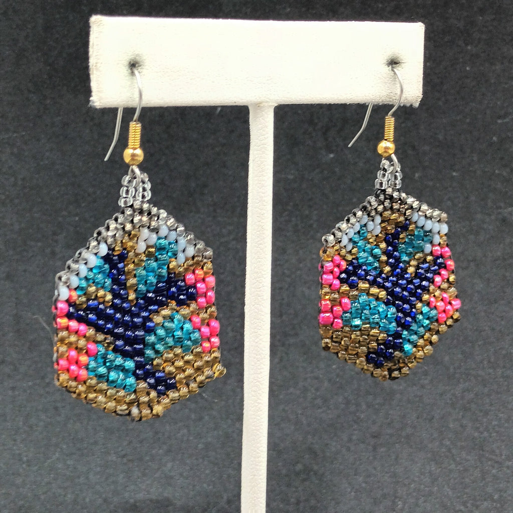 Pierced Earrings Multicolor Seed Bead Art Silver tone Hook Dangle 1 1/2"