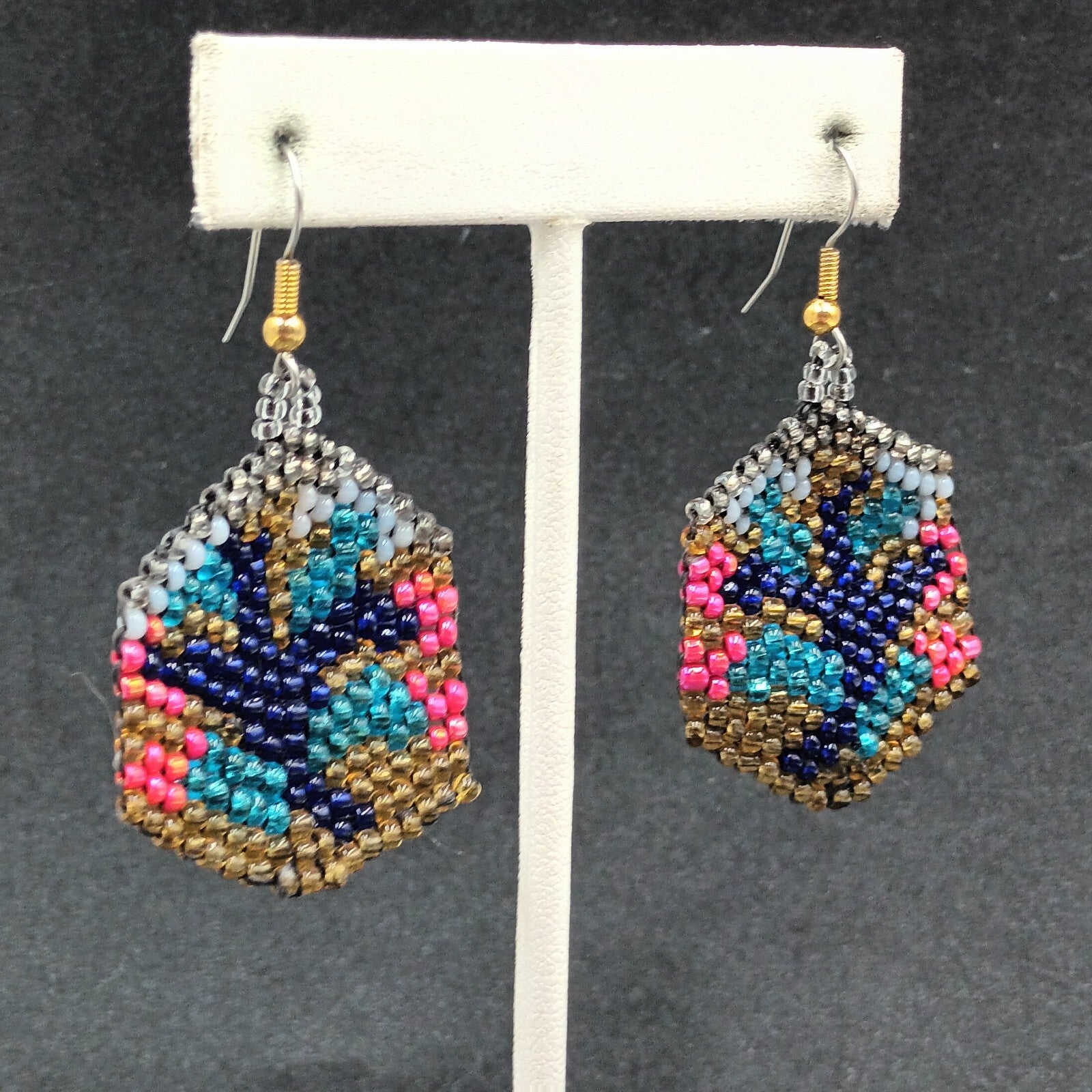 Pierced Earrings Multicolor Seed Bead Art Silver tone Hook Dangle 1 1/2"