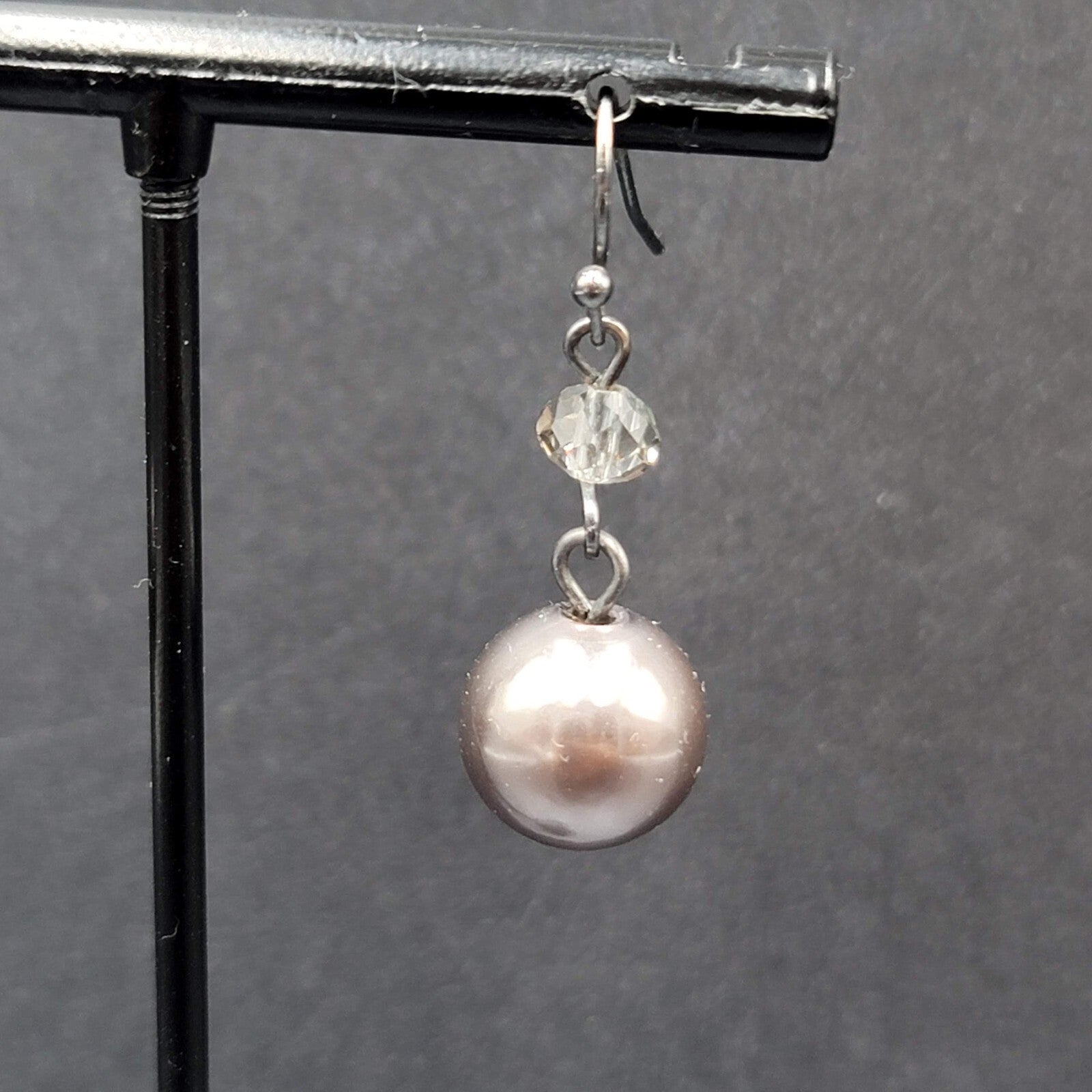 Pierced Earrings Silver tone Dark Gray Bead Dangle  1"