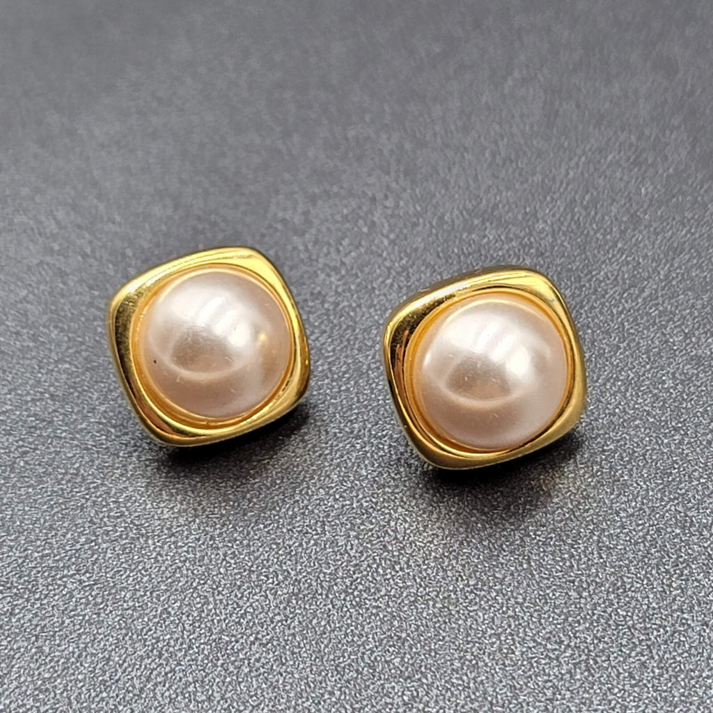Vintage DP Clip on Earrings Gold tone White Imitation Pearl Studs 5/8"