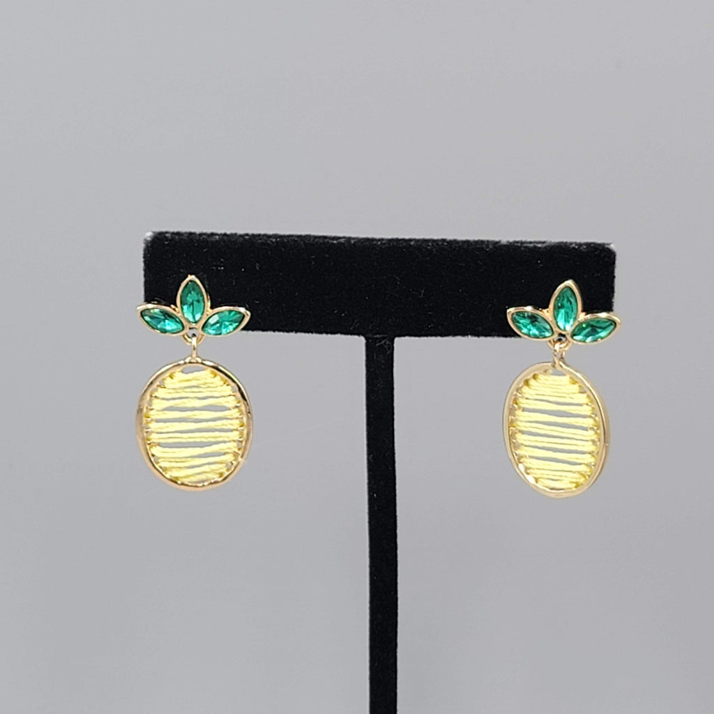 Pineapple Pierced Earrings Gold tone Green Rhinestone Yellow Thread Dangle 1.25"