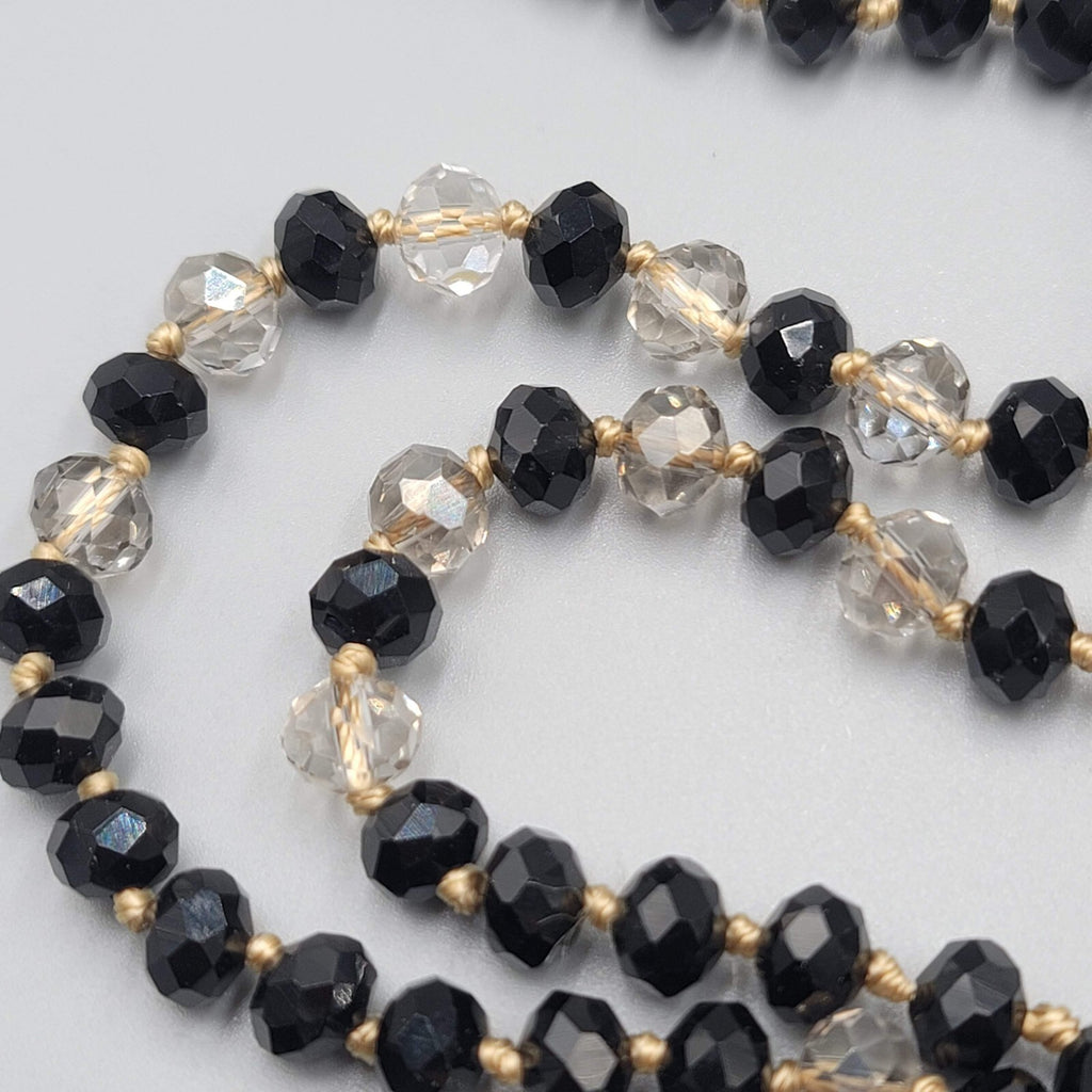 Hand Knotted Facet Cut Black Crystal Bead Necklace 30 in