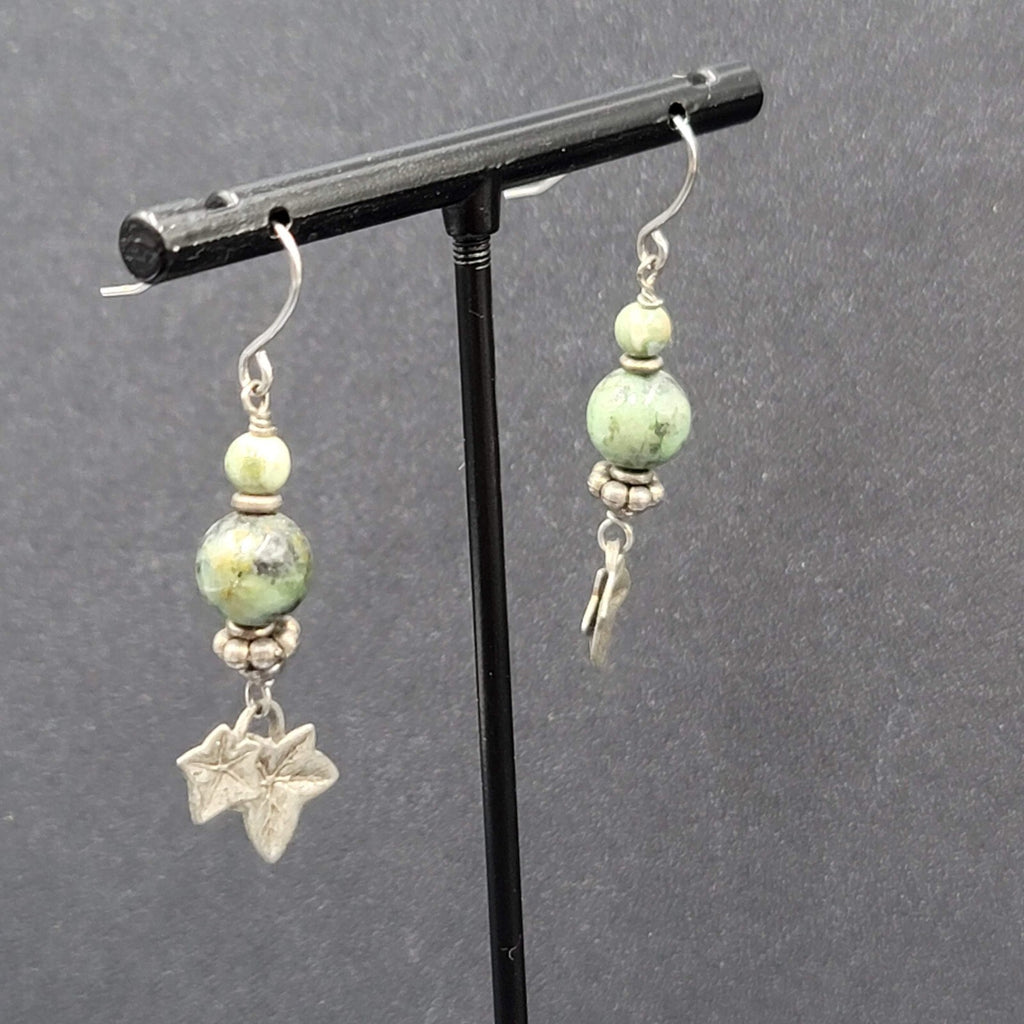 Pierced Earrings Silver tone Green Stone Dangle Leaves 1 3/8"