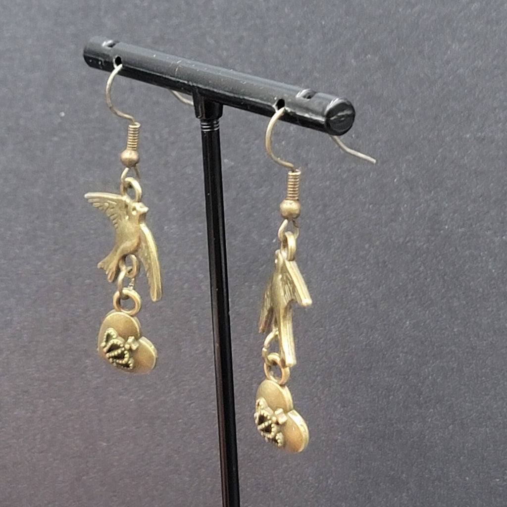 Birds Heart Pierced Earrings Bronze tone Dangle 1.25"