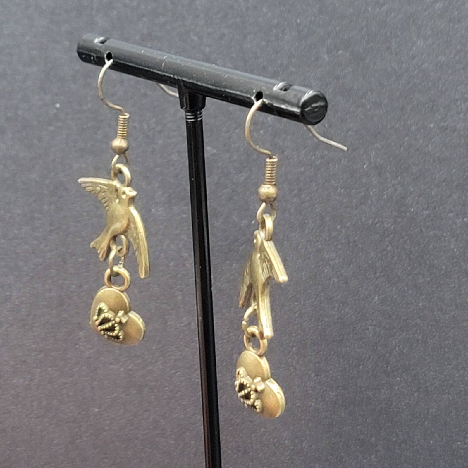 Birds Heart Pierced Earrings Bronze tone Dangle 1.25"