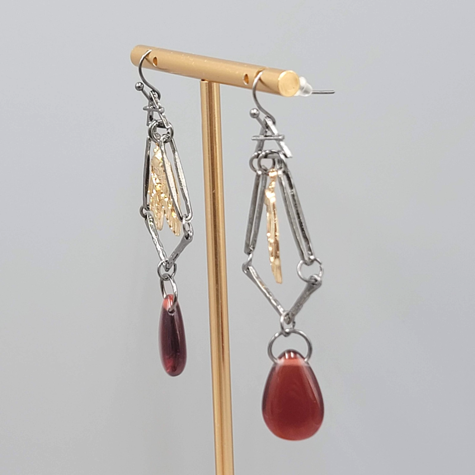 Fly Bug Black Metal Red Bead Pierced Earrings Long Dangle 2.5"