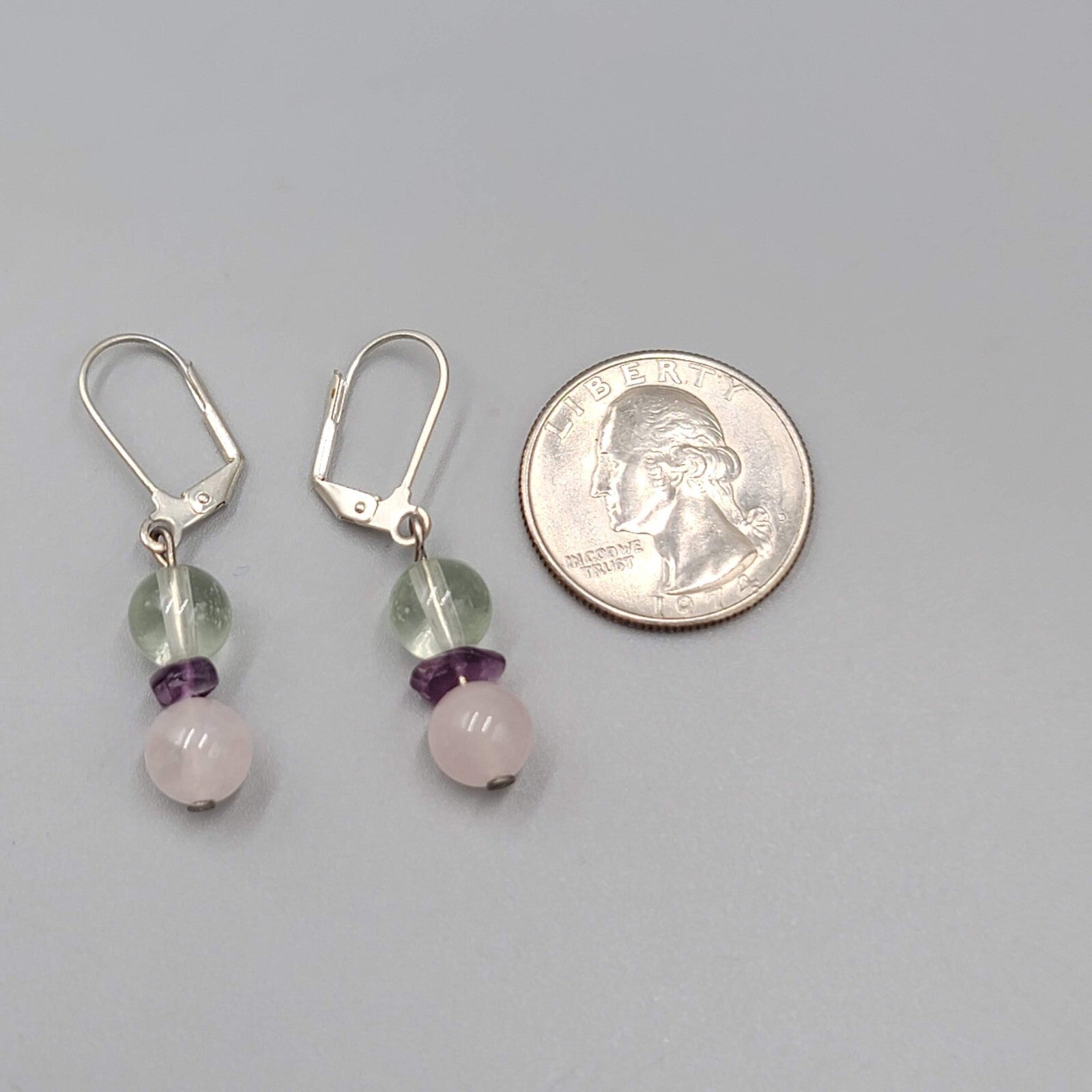 White and Pink Quartz Bead Pierced Earrings Silver tone Dangle Amethyst 7/8"