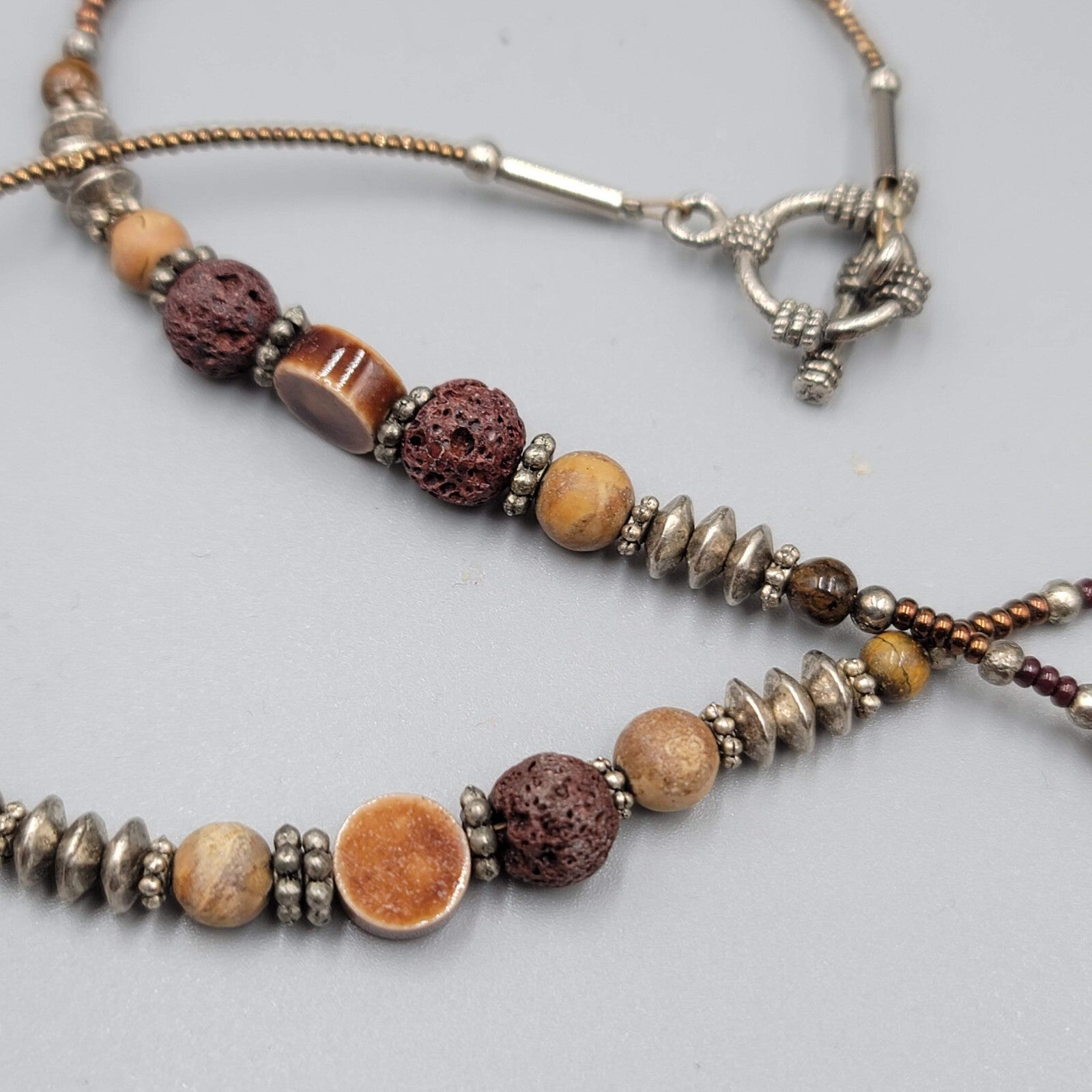 Boho Brown Pottery and Glass Bead Necklace Silver tone 20"